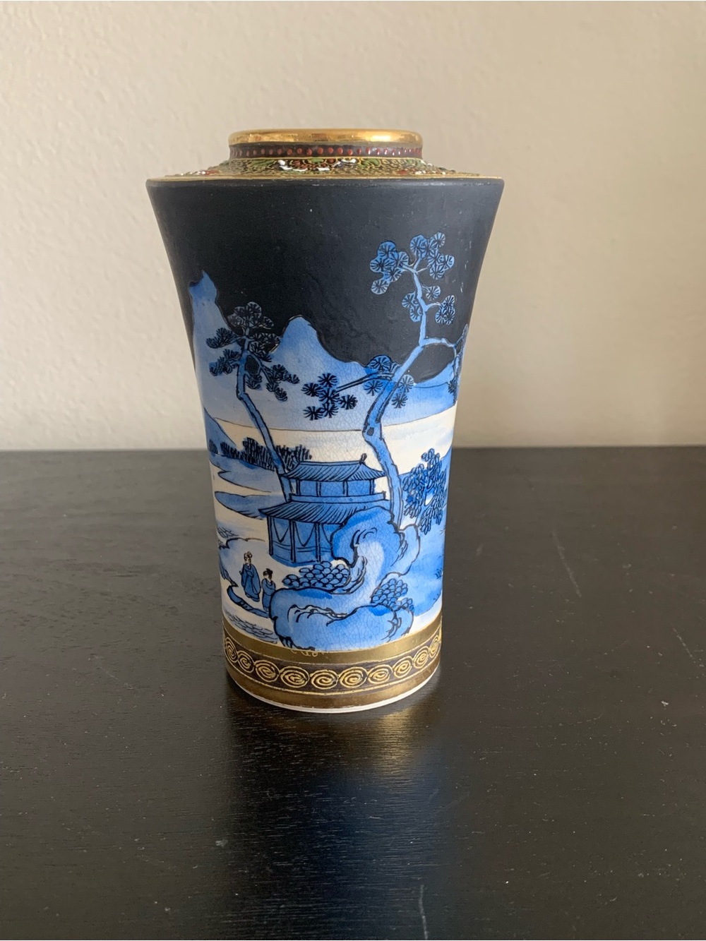 Antique Japanese Meiji Satsuma Vase Signed Kizan Matte Black Ground Landscape